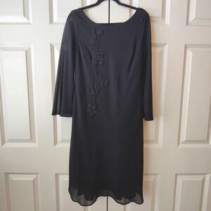 Vintage Black Beaded Shift Dress Sheer Bell Sleeve Witchy Whimsigoth Goth 14P
